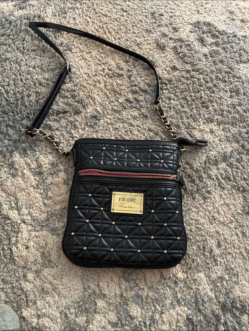 Nicole by Nicole Miller Black Quilted Crossbody with Gold Accents